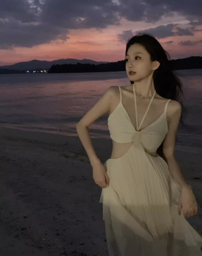 Novelty Tulle Layered Open-Waist Maxi Dress Romantic Flowy Pressed Pleat Backless Halter Long Dress AP1175