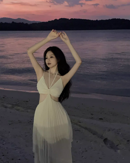 Novelty Tulle Layered Open-Waist Maxi Dress Romantic Flowy Pressed Pleat Backless Halter Long Dress AP1175