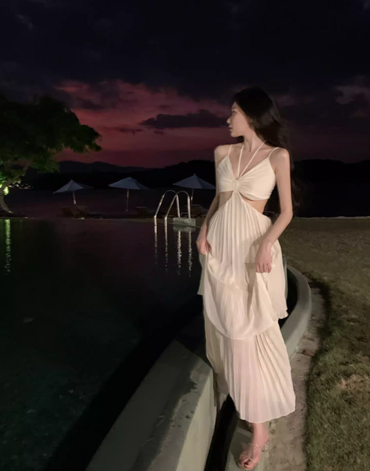 Novelty Tulle Layered Open-Waist Maxi Dress Romantic Flowy Pressed Pleat Backless Halter Long Dress AP1175