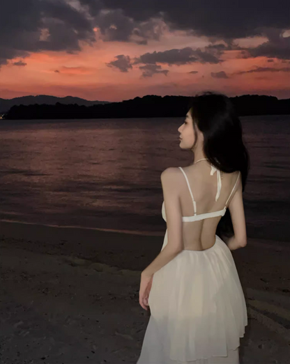 Novelty Tulle Layered Open-Waist Maxi Dress Romantic Flowy Pressed Pleat Backless Halter Long Dress AP1175