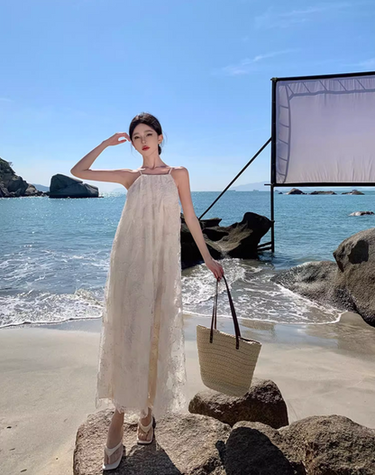 Graceful Sheer Lace Overlay Double Layers Maxi Dress Chic Flowy Loose Style Halter Long Dress AP1176