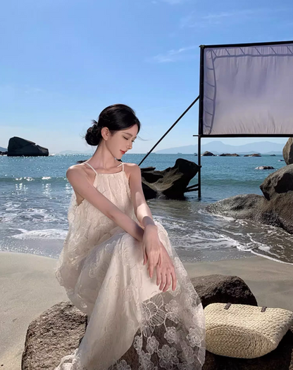 Graceful Sheer Lace Overlay Double Layers Maxi Dress Chic Flowy Loose Style Halter Long Dress AP1176