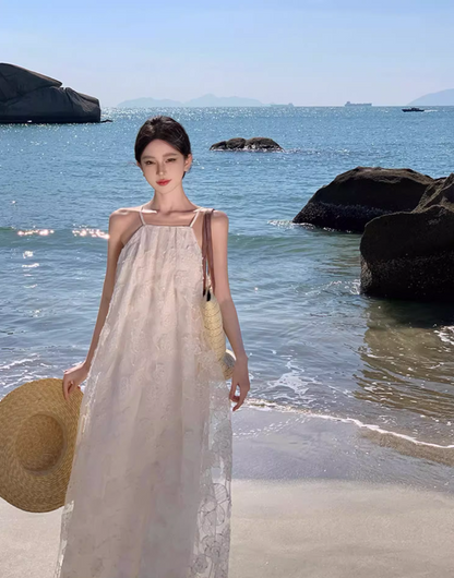 Graceful Sheer Lace Overlay Double Layers Maxi Dress Chic Flowy Loose Style Halter Long Dress AP1176