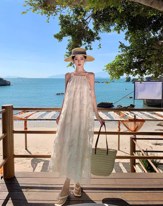 Graceful Sheer Lace Overlay Double Layers Maxi Dress Chic Flowy Loose Style Halter Long Dress AP1176