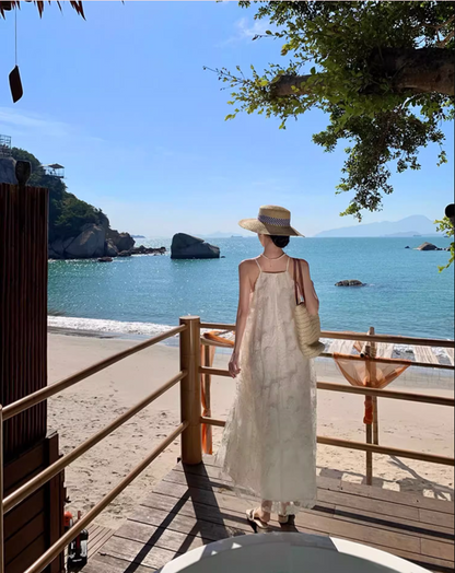 Graceful Sheer Lace Overlay Double Layers Maxi Dress Chic Flowy Loose Style Halter Long Dress AP1176