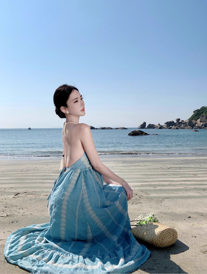 Charming Lace Trimmed V-Neck Maxi Dress Chic Flowy Loose Style Backless Halter Long Dress AP1177