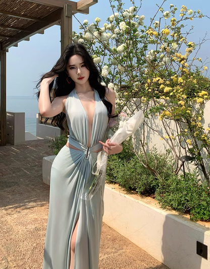 Gorgeous Adjustable Halter Cutout-Waist Maxi Dress Chic Tie-Back High Slit Halter Long Dress AP1178