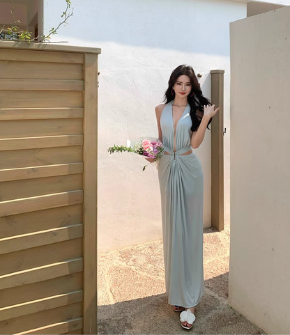 Gorgeous Adjustable Halter Cutout-Waist Maxi Dress Chic Tie-Back High Slit Halter Long Dress AP1178