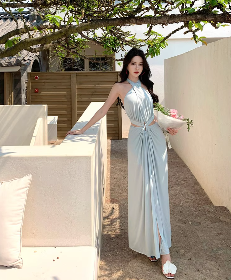 Gorgeous Adjustable Halter Cutout-Waist Maxi Dress Chic Tie-Back High Slit Halter Long Dress AP1178
