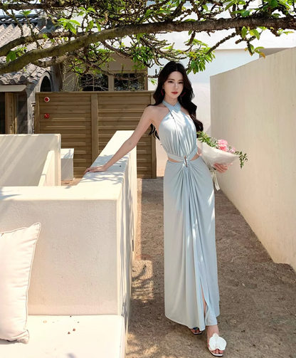 Gorgeous Adjustable Halter Cutout-Waist Maxi Dress Chic Tie-Back High Slit Halter Long Dress AP1178