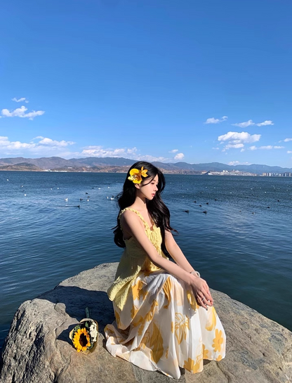 Vibrant Yellow Two-Piece Set Floral Printed Maxi Dress Beach Getaways Ruffles Trimmed A-Line Long Dress AP1179