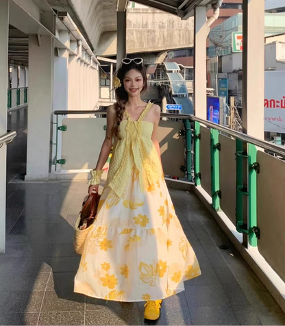 Vibrant Yellow Two-Piece Set Floral Printed Maxi Dress Beach Getaways Ruffles Trimmed A-Line Long Dress AP1179