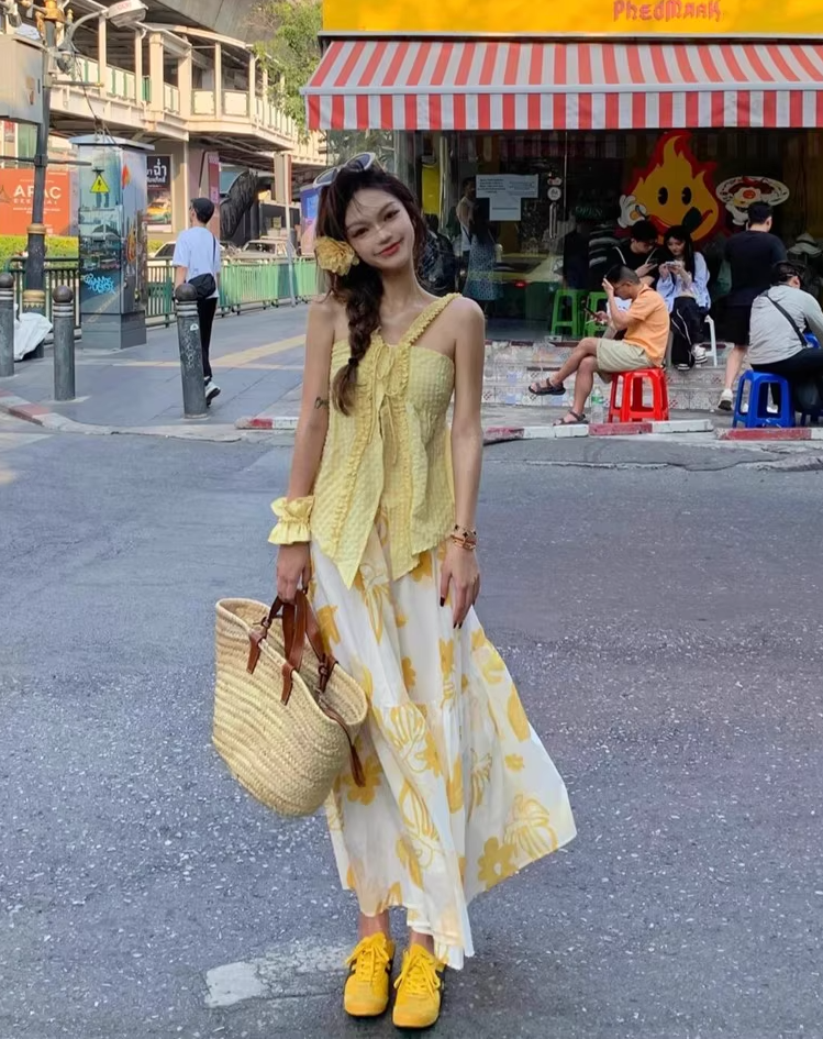 Vibrant Yellow Two-Piece Set Floral Printed Maxi Dress Beach Getaways Ruffles Trimmed A-Line Long Dress AP1179