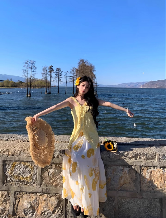 Vibrant Yellow Two-Piece Set Floral Printed Maxi Dress Beach Getaways Ruffles Trimmed A-Line Long Dress AP1179