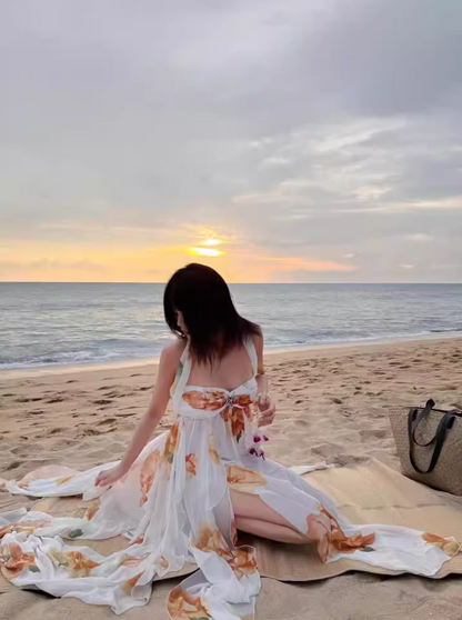 Gorgeous High Slit Flowy Maxi Dress Chic Ruffles Floral Printed Asymmetric Hem Halter Long Dress AP1180