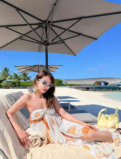 Gorgeous High Slit Flowy Maxi Dress Chic Ruffles Floral Printed Asymmetric Hem Halter Long Dress AP1180