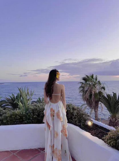 Gorgeous High Slit Flowy Maxi Dress Chic Ruffles Floral Printed Asymmetric Hem Halter Long Dress AP1180