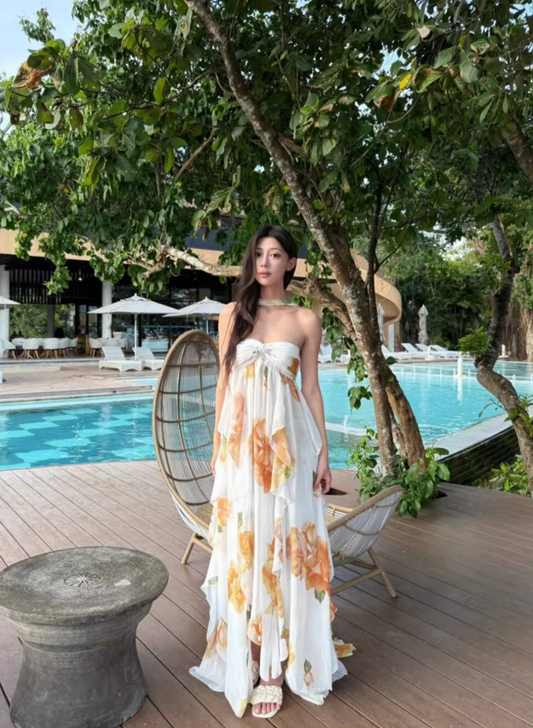 Gorgeous High Slit Flowy Maxi Dress Chic Ruffles Floral Printed Asymmetric Hem Halter Long Dress AP1180