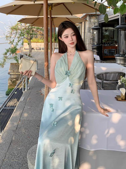 Dreamy Floral Design Lustrous Fabric Maxi Dress Chic V-Neck Tulle Splicing Halter Long Dress AP1181