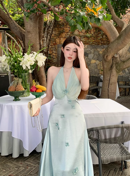 Dreamy Floral Design Lustrous Fabric Maxi Dress Chic V-Neck Tulle Splicing Halter Long Dress AP1181