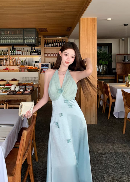 Dreamy Floral Design Lustrous Fabric Maxi Dress Chic V-Neck Tulle Splicing Halter Long Dress AP1181