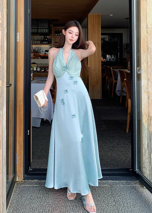 Dreamy Floral Design Lustrous Fabric Maxi Dress Chic V-Neck Tulle Splicing Halter Long Dress AP1181