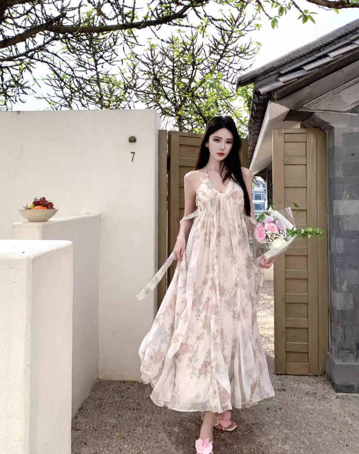 Chic Floral Printed Tulle Layered Neckline Maxi Dress Niche Draped Flowy Halter Long Dress AP1182