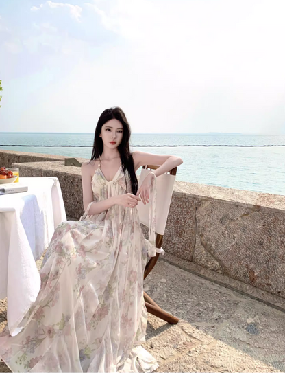 Chic Floral Printed Tulle Layered Neckline Maxi Dress Niche Draped Flowy Halter Long Dress AP1182