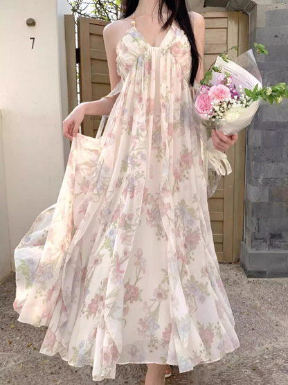 Chic Floral Printed Tulle Layered Neckline Maxi Dress Niche Draped Flowy Halter Long Dress AP1182