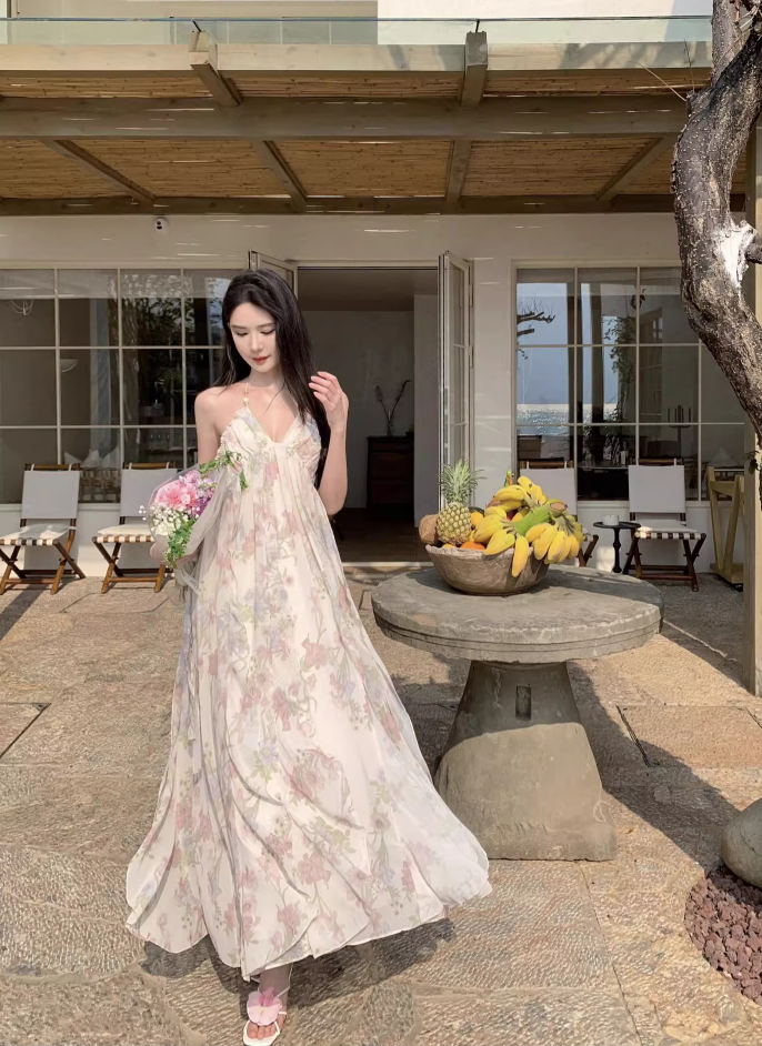 Chic Floral Printed Tulle Layered Neckline Maxi Dress Niche Draped Flowy Halter Long Dress AP1182