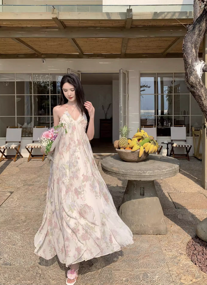 Chic Floral Printed Tulle Layered Neckline Maxi Dress Niche Draped Flowy Halter Long Dress AP1182