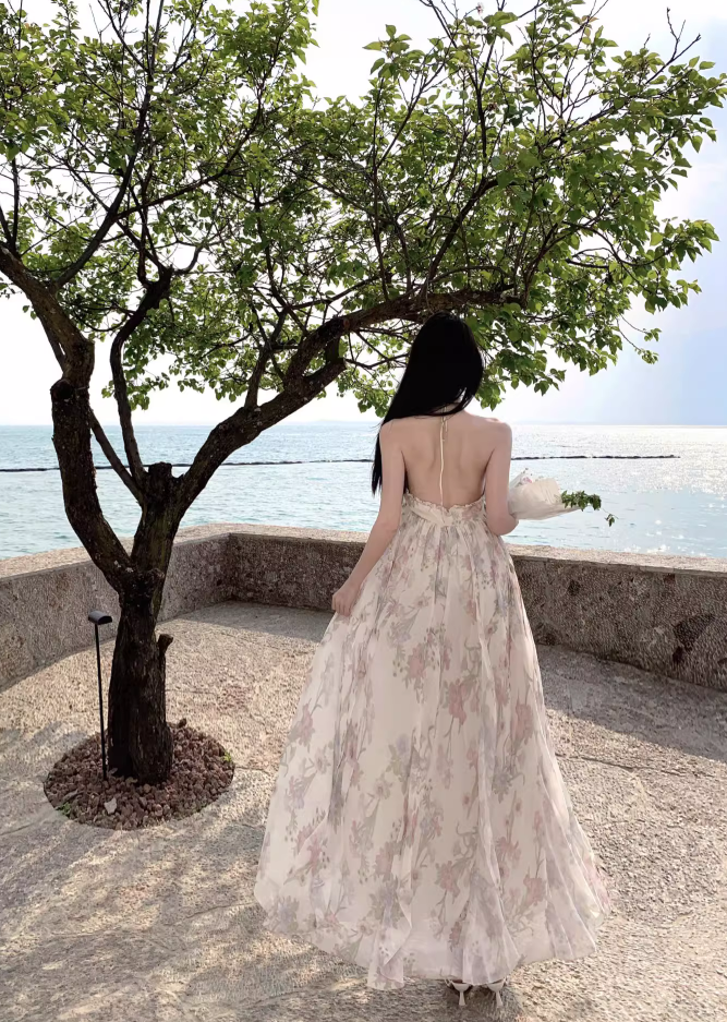 Chic Floral Printed Tulle Layered Neckline Maxi Dress Niche Draped Flowy Halter Long Dress AP1182