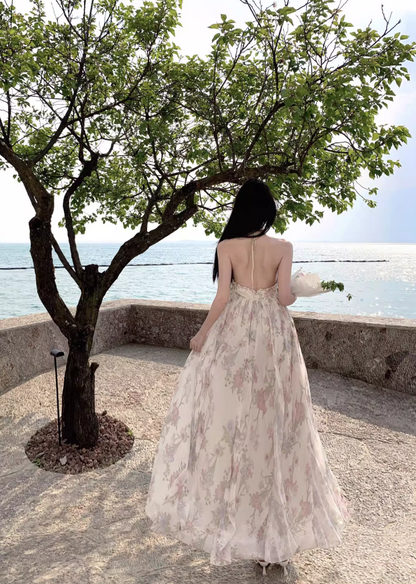 Chic Floral Printed Tulle Layered Neckline Maxi Dress Niche Draped Flowy Halter Long Dress AP1182