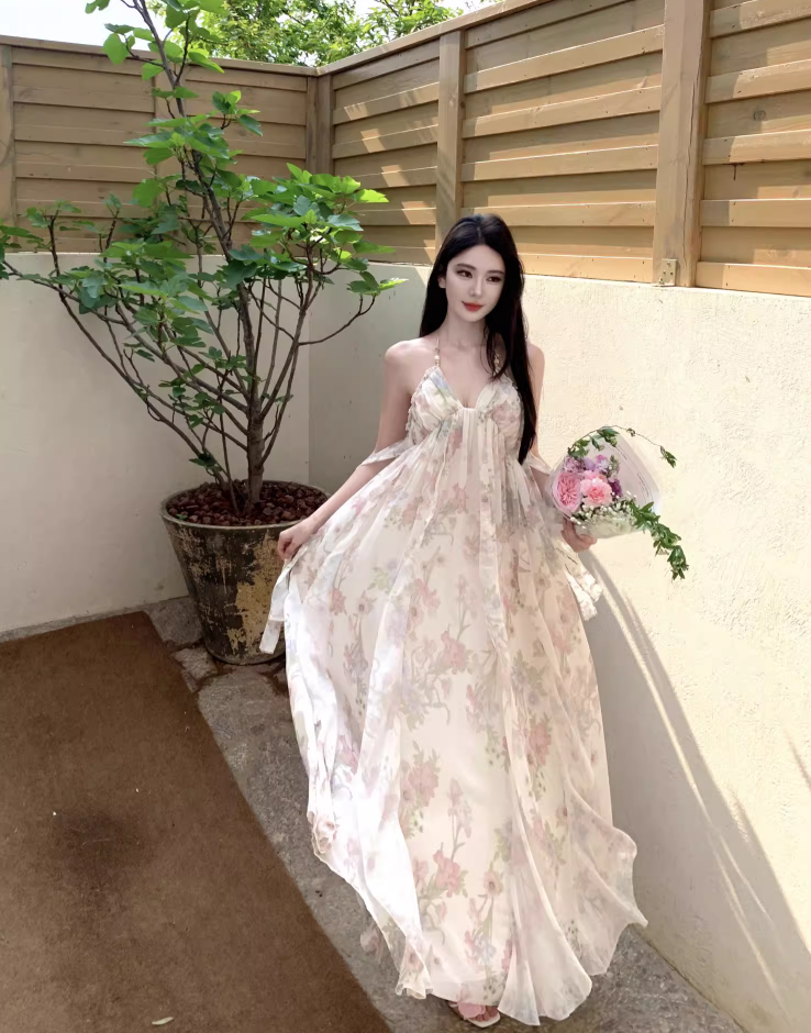 Chic Floral Printed Tulle Layered Neckline Maxi Dress Niche Draped Flowy Halter Long Dress AP1182