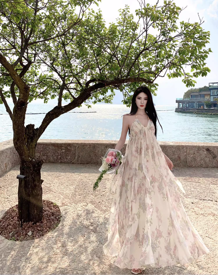 Chic Floral Printed Tulle Layered Neckline Maxi Dress Niche Draped Flowy Halter Long Dress AP1182