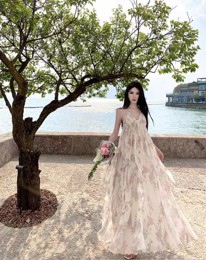 Chic Floral Printed Tulle Layered Neckline Maxi Dress Niche Draped Flowy Halter Long Dress AP1182