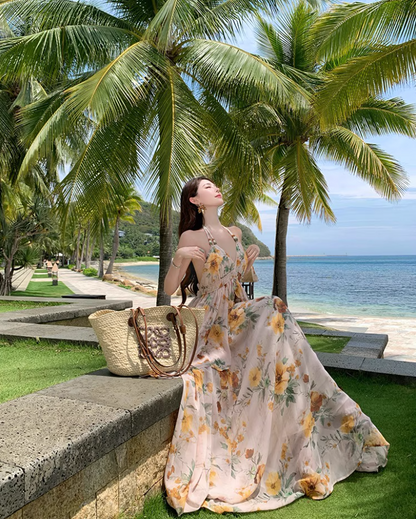 Romantic Sunflower Printed Ruffled Hem Maxi Dress Chic Backless Flowy Vacation Outfit Halter Long Dress AP1183