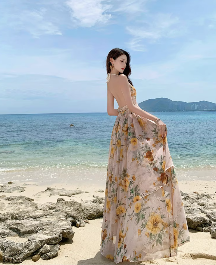 Romantic Sunflower Printed Ruffled Hem Maxi Dress Chic Backless Flowy Vacation Outfit Halter Long Dress AP1183
