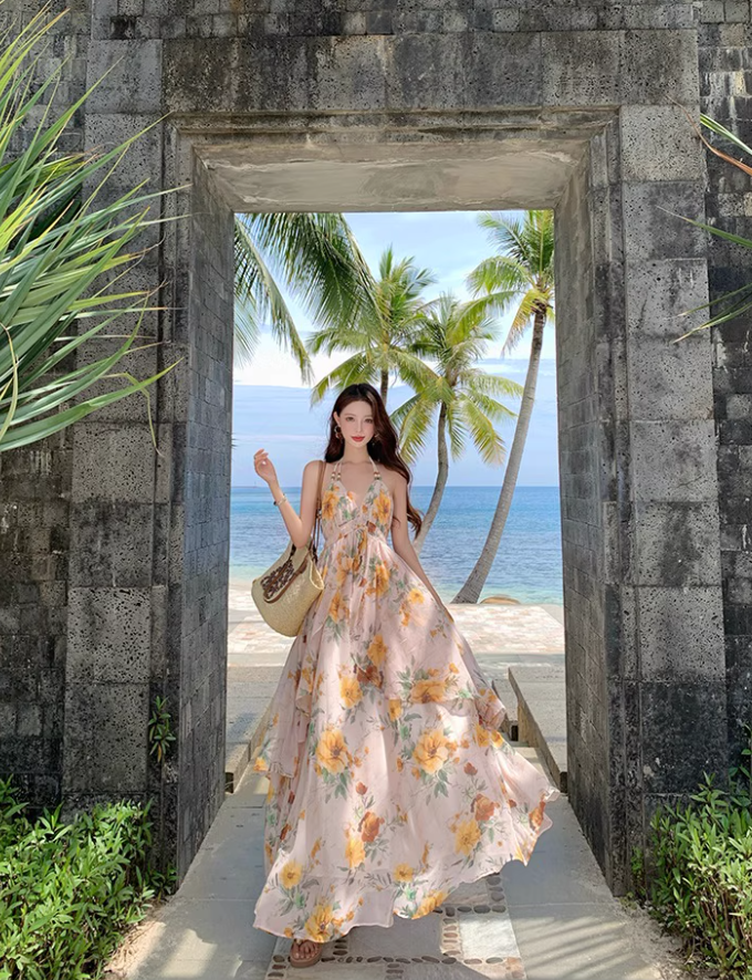 Romantic Sunflower Printed Ruffled Hem Maxi Dress Chic Backless Flowy Vacation Outfit Halter Long Dress AP1183