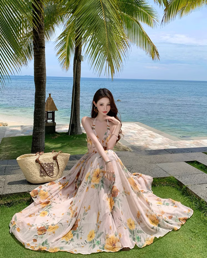 Romantic Sunflower Printed Ruffled Hem Maxi Dress Chic Backless Flowy Vacation Outfit Halter Long Dress AP1183