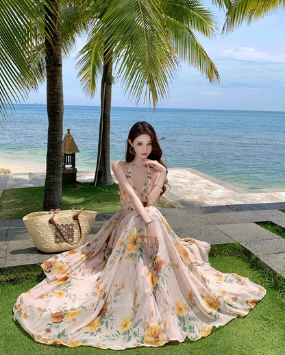 Romantic Sunflower Printed Ruffled Hem Maxi Dress Chic Backless Flowy Vacation Outfit Halter Long Dress AP1183