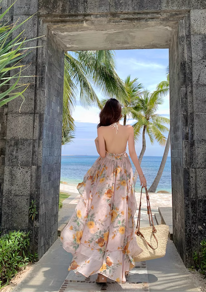 Romantic Sunflower Printed Ruffled Hem Maxi Dress Chic Backless Flowy Vacation Outfit Halter Long Dress AP1183