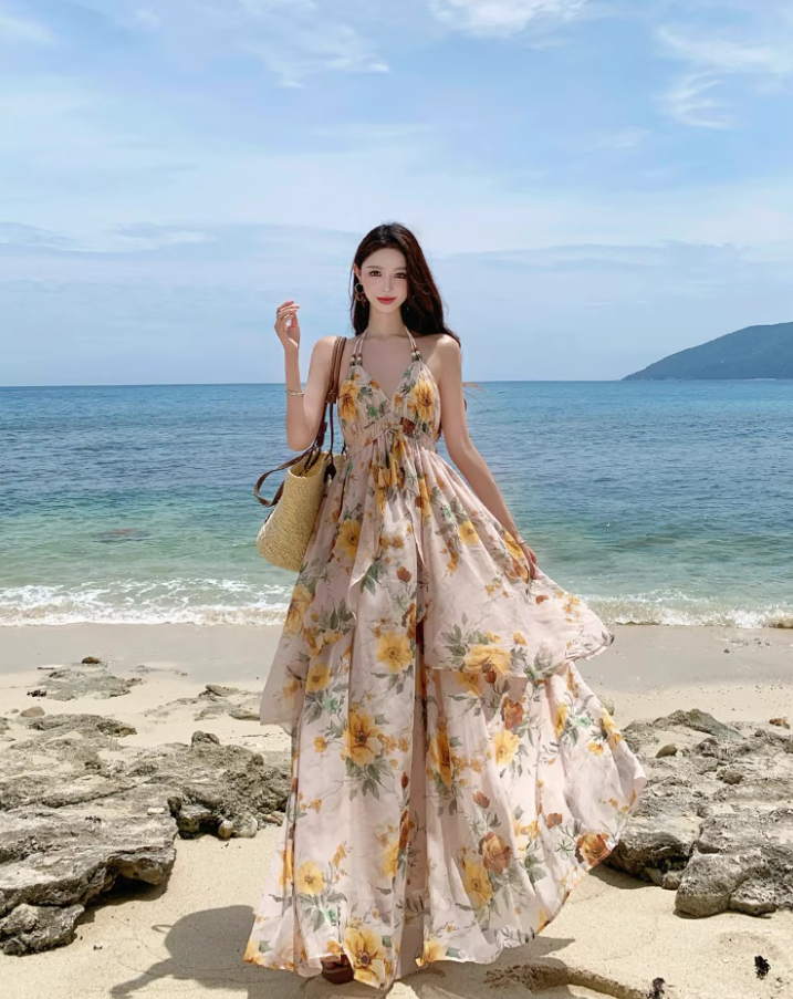 Romantic Sunflower Printed Ruffled Hem Maxi Dress Chic Backless Flowy Vacation Outfit Halter Long Dress AP1183