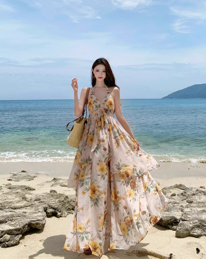 Romantic Sunflower Printed Ruffled Hem Maxi Dress Chic Backless Flowy Vacation Outfit Halter Long Dress AP1183