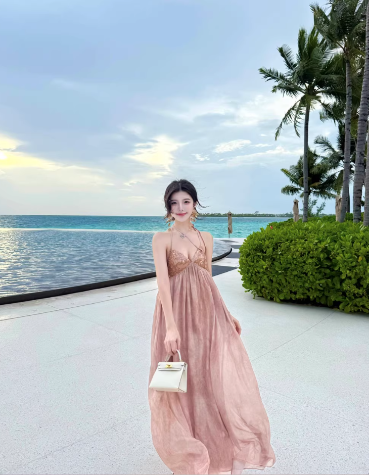 Vintage Sparkle Sequins Design Maxi Dress Chic Vacation Outfit Backless Tie-Dye Halter Long Dress AP1184