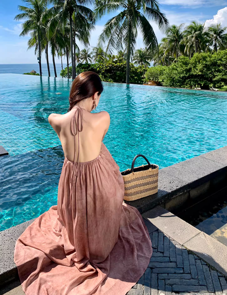 Vintage Sparkle Sequins Design Maxi Dress Chic Vacation Outfit Backless Tie-Dye Halter Long Dress AP1184