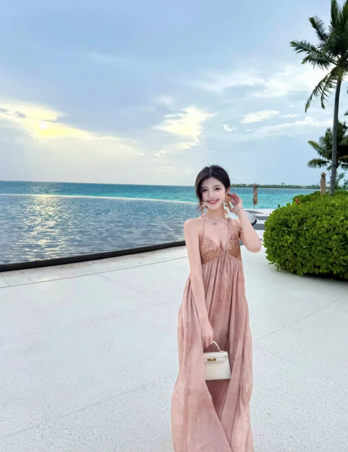 Vintage Sparkle Sequins Design Maxi Dress Chic Vacation Outfit Backless Tie-Dye Halter Long Dress AP1184