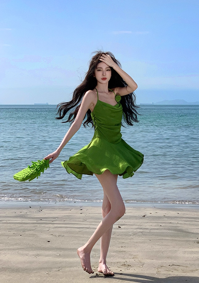 Vibrant Green Flower Design Lustrous Fabric Mini Skirt Alluring Cinched-Waist A-Line Halter Short Dress AP1185