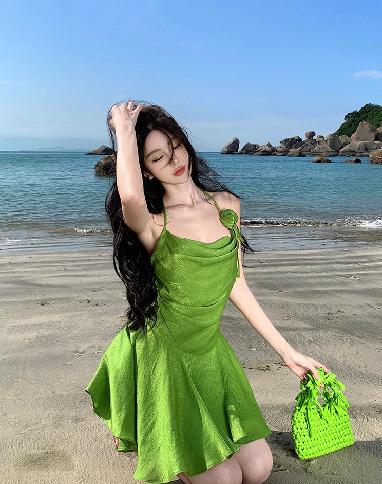 Vibrant Green Flower Design Lustrous Fabric Mini Skirt Alluring Cinched-Waist A-Line Halter Short Dress AP1185