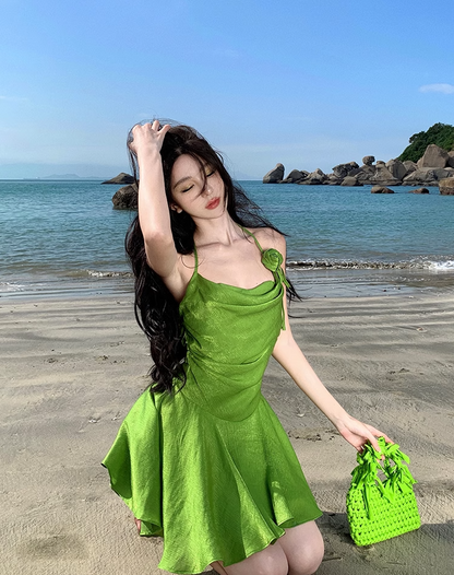 Vibrant Green Flower Design Lustrous Fabric Mini Skirt Alluring Cinched-Waist A-Line Halter Short Dress AP1185